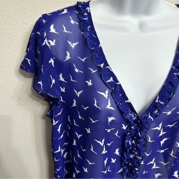 Lily Rose Size XL Sheer Royal Blue Blouse With White Bird Print - Picture 5 of 11
